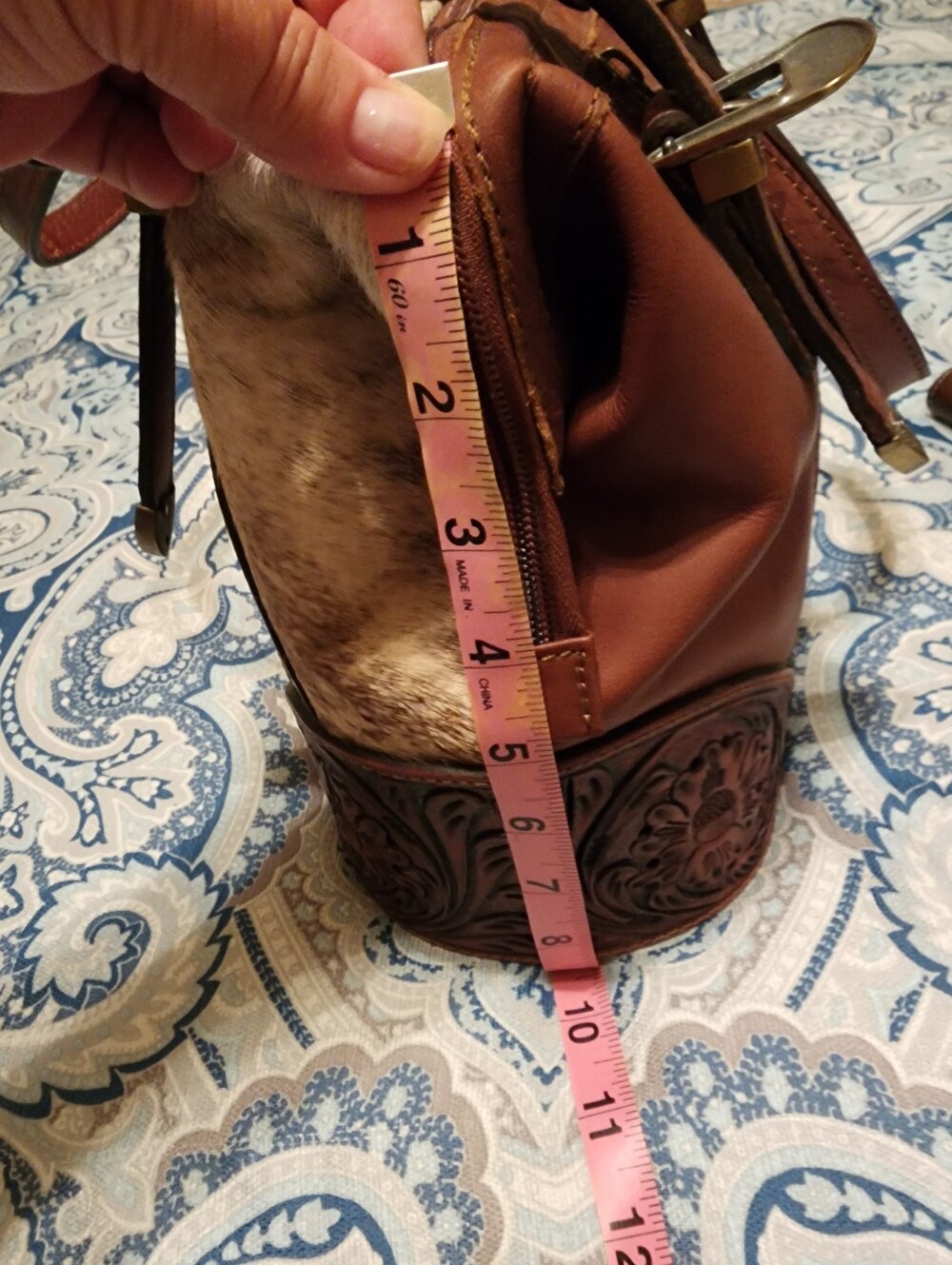 American Darling Brown Haircalf Tote with Tooled Leather Trim - Picture 8 of 16
